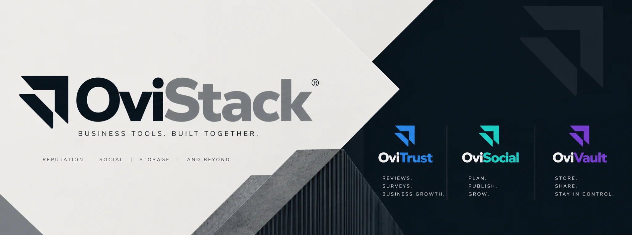 OviStack Business Tools banner showing OviTrust, OviSocial and OviVault as parts of the Ovi product family.